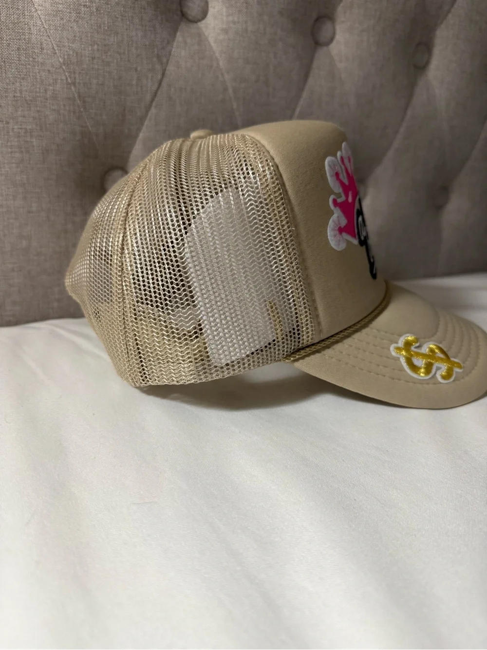 Beige Mesh Trucker Hat with Pink Patch